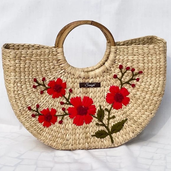 Handbags - Woven Tote Bag - Floral Embroidered